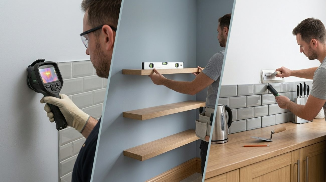 Illustration of a wall inspection, shelf fitting and grouting a kitchen tile splashback