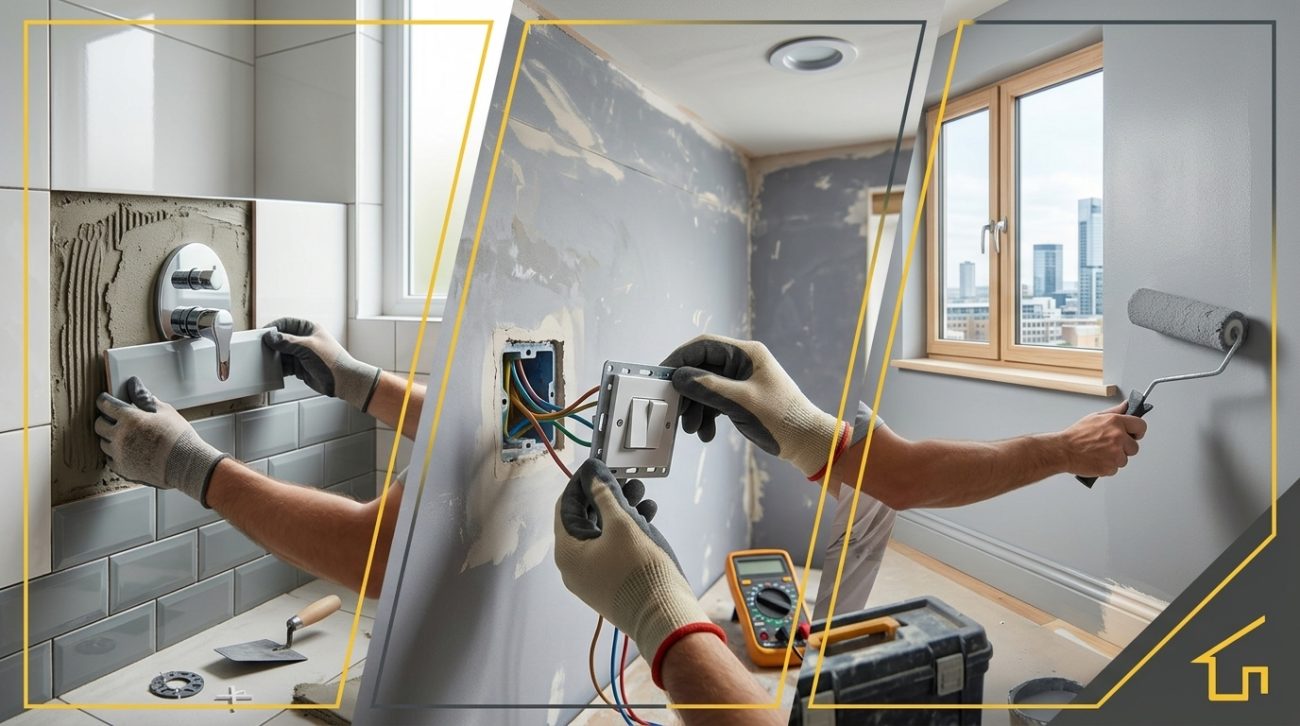 Illustrated renovation work: wall tiling, replacing a switch and painting a wall