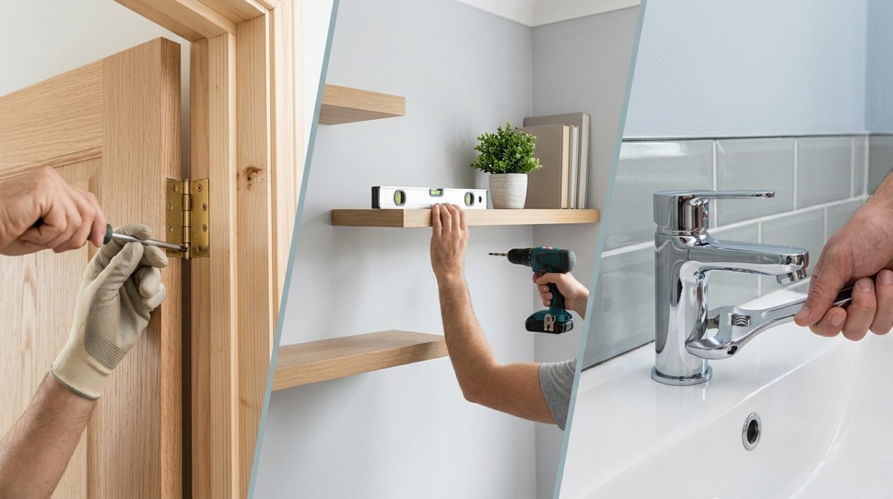 Illustrated home repairs: adjusting a door hinge, installing a shelf and fixing a tap