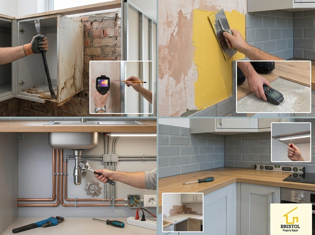 Illustration of renovation preparation, removing old cabinetry and repairing a wall surface