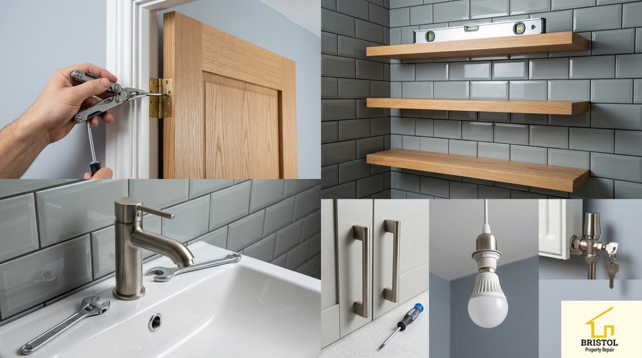 Illustrated handyman jobs including door hinge repair and fitting wall shelves