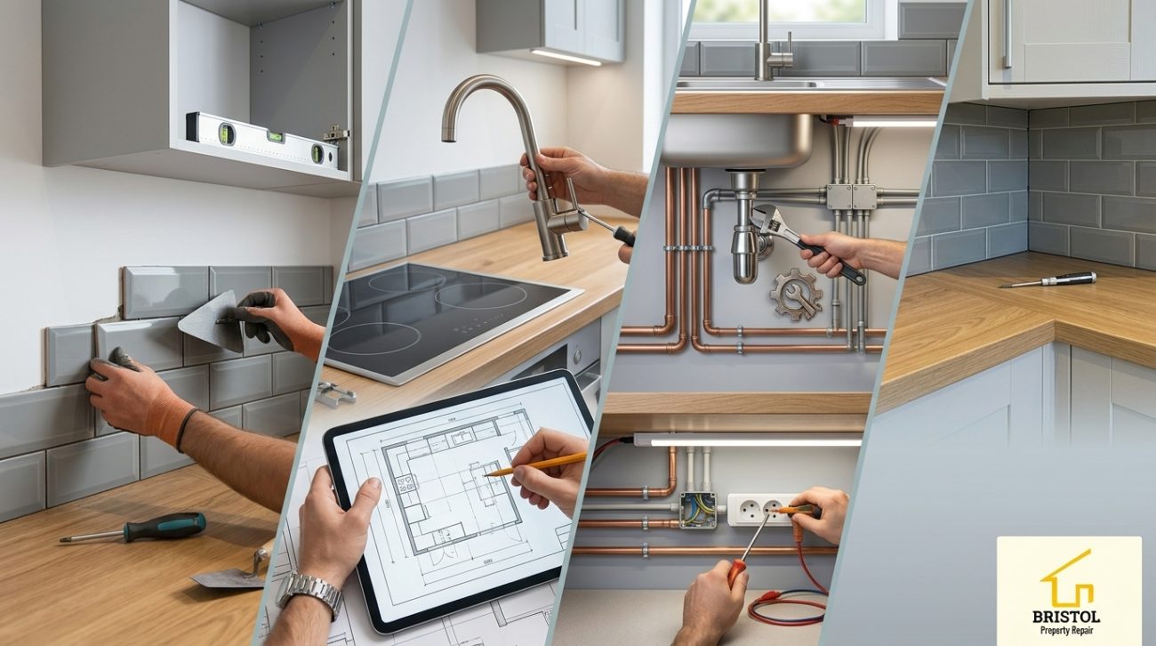 Illustrated kitchen fitting: levelling cabinets, tiling, installing a tap and connecting sink pipework