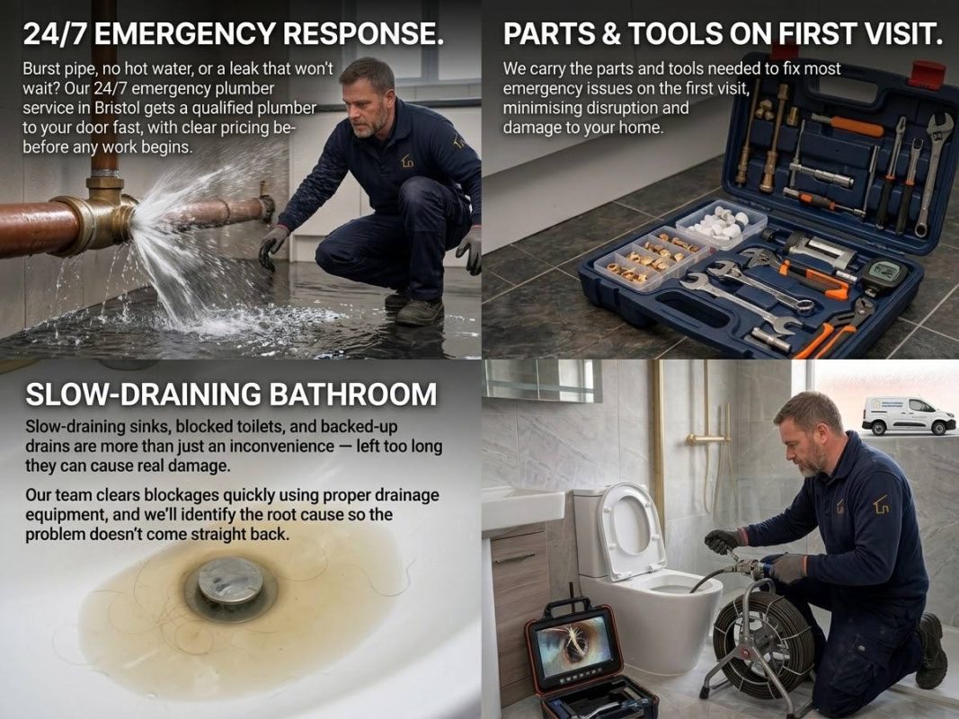 Illustrated plumbing services: burst pipe repair, tools and bathroom drain clearance
