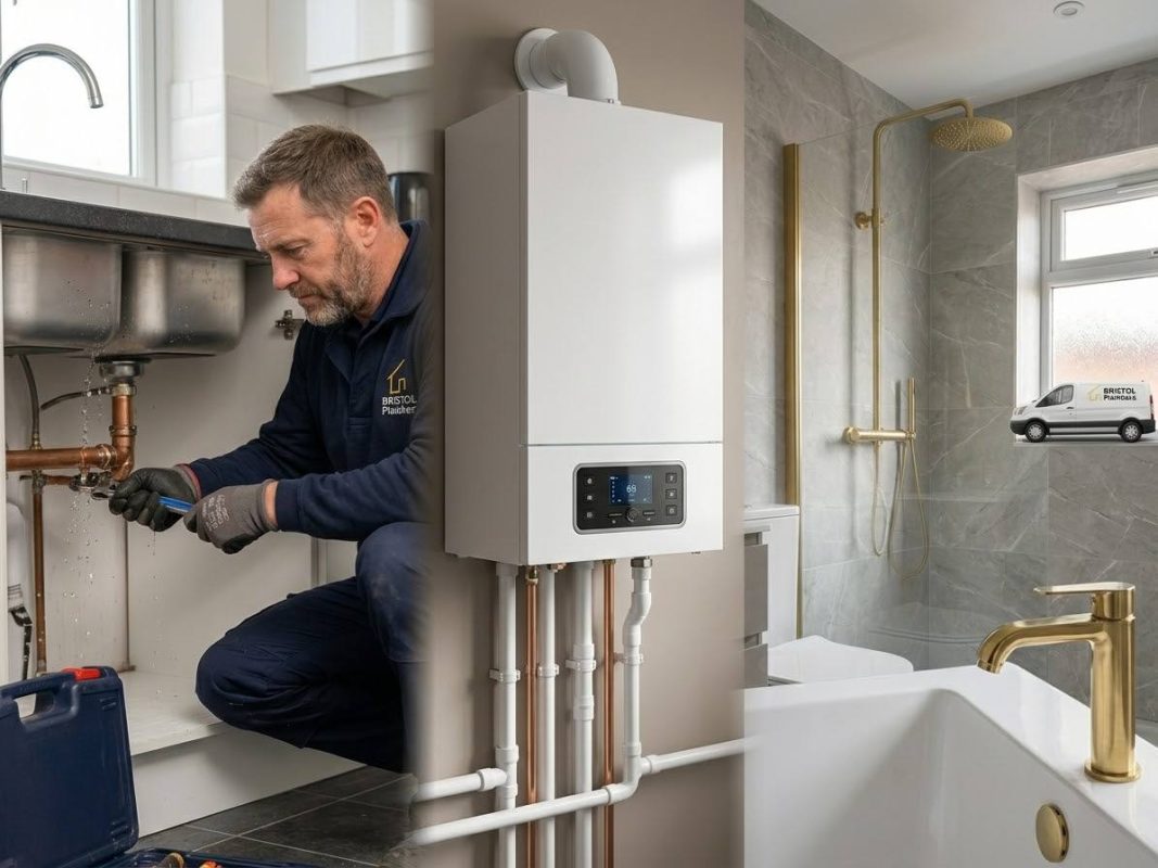 Illustration of sink pipe repair, a wall-mounted boiler and bathroom fittings